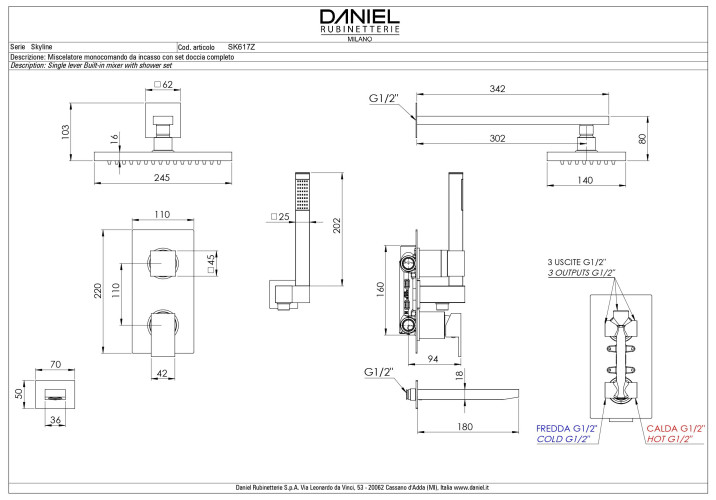 Daniel Skyline, душевой комплект на 3 потребителя: с квадратным изливом, с прямоугольным верхним душем 24х14 см и кронштейном 30 см, цвет хром