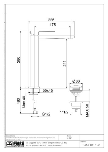 Fiore Kube, высокий однорычажный смеситель для раковины с донным клапаном click-clack, цвет белый матовый
