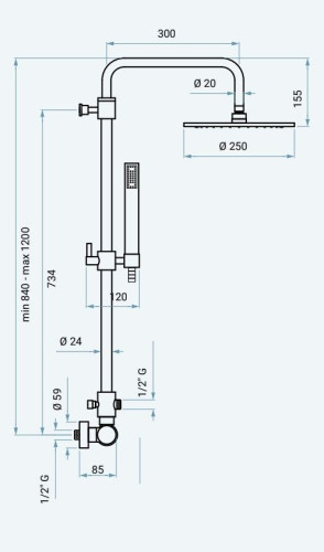 Emmevi Filobrass, душевая колонна, высотой 84-120 см, со смесит., рукоятка без стержня, с круглым антик. верхним душем 25 см, цвет зачищенное золото
