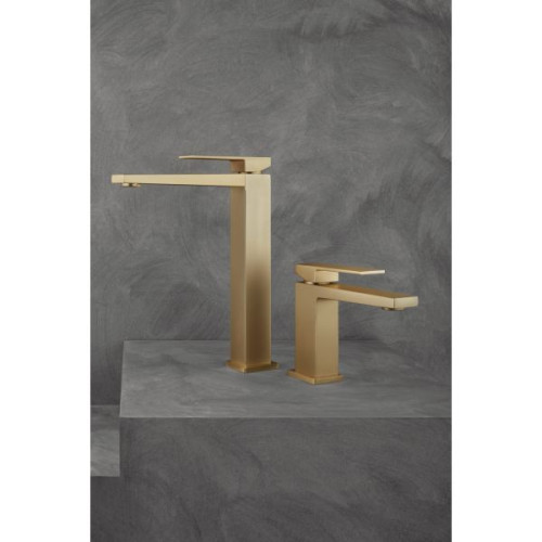 Fiore Kube, высокий однорычажный смеситель для раковины с донным клапаном click-clack, цвет матовое золото