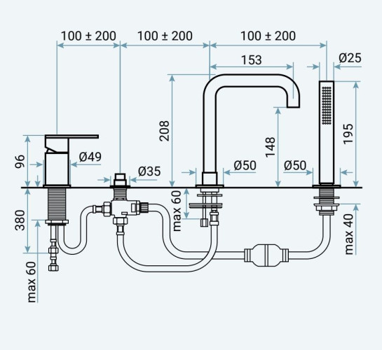 Emmevi Filobrass, комплект однорычажного смесителя на борт ванны на 4 отверстия с изливом 15,3 см, рукоятка без стержня, цвет зачищенное золото