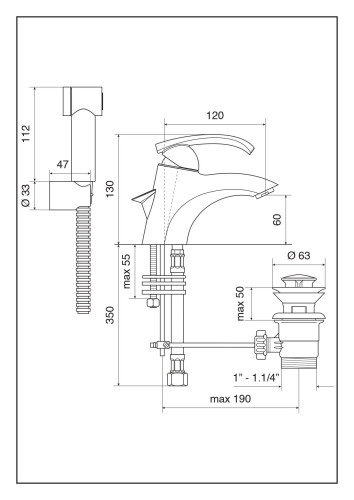 Emmevi Ramses, смеситель с донным клапаном и боковым душем для раковины, цвет хром