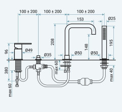 Emmevi Filobrass, комплект однорычажного смесителя на борт ванны на 4 отверстия с изливом 15,3 см, рукоятка без стержня, цвет черный матовый