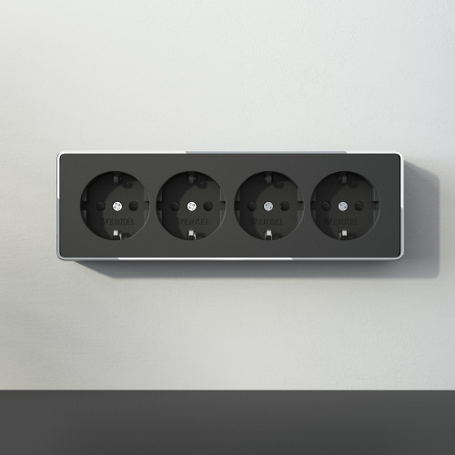 Розетка четверная с заземлением и шторками Gallant черный/хром W5072258