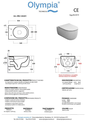 Olympia Milady, подвесной безободковый унитаз с сиденьем микролифт, цвет белый матовый