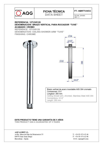 AQG, потолочный круглый кронштейн TUVE длиной 20 см, для верхнего душа, цвет хром