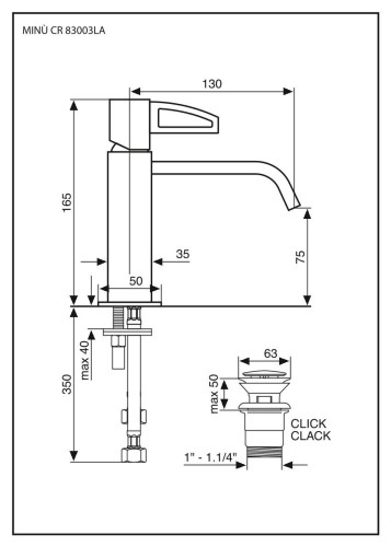 Emmevi Minu, однорычажный смеситель для раковины, ручка со стержнем (излив 13 см), с донным клапаном click-clack, цвет хром