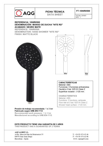 AQG, ручной душ антикальцевый NITE RD 120 мм, 2х режимный, цвет черный матовый