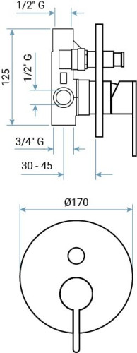 Emmevi Filobrass, однорычажный встраиваемый смеситель для душа на с кнопочным дивертером, на 2 выхода, цвет хром
