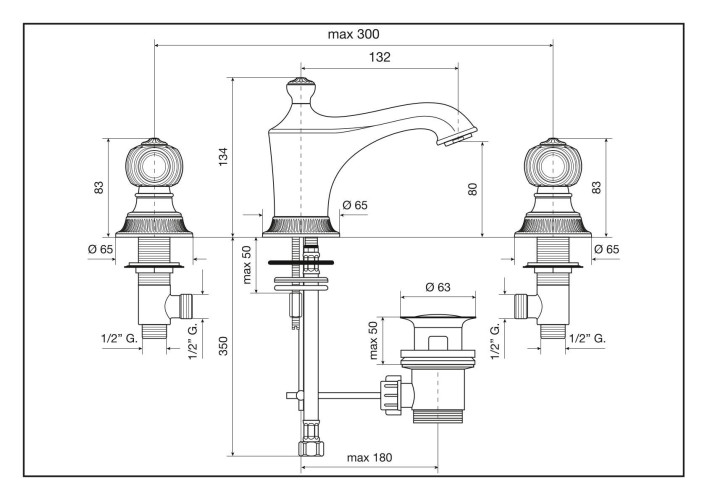 Emmevi The One Cloe, смеситель с донным клапаном для раковины на 3 отверстия. Металлические ручки, цвет хром