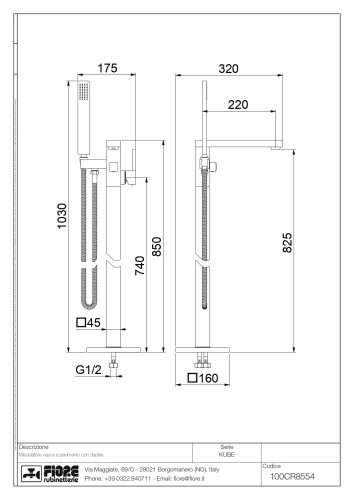 Fiore Kube, однорычажный напольный смеситель для ванны с ручным душем, цвет хром