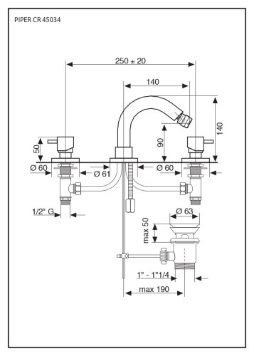 Emmevi Piper, двухрычажный смеситель для биде на 3 отверстия с донным клапаном, цвет хром