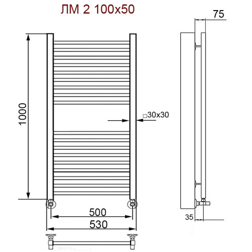 Полотенцесушитель Ника MODERN ЛМ-2 100/50 Soft Touch черный матовый с вентилями (комплект люкс)