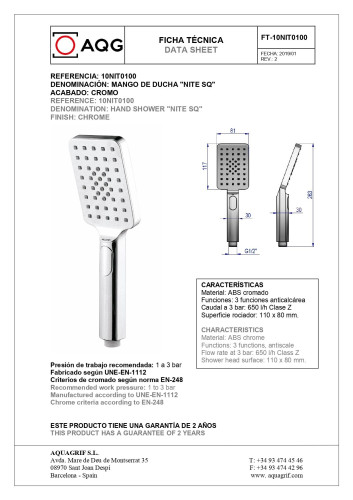 AQG, ручной душ антикальцевый NITE SQ 110х80мм, 2х режимный, цвет хром