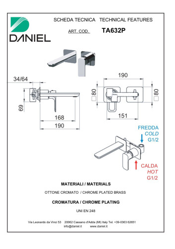 Daniel Tiara, встраиваемый в стену однорычажный смеситель для раковины (излив 16,8 см), цвет золото