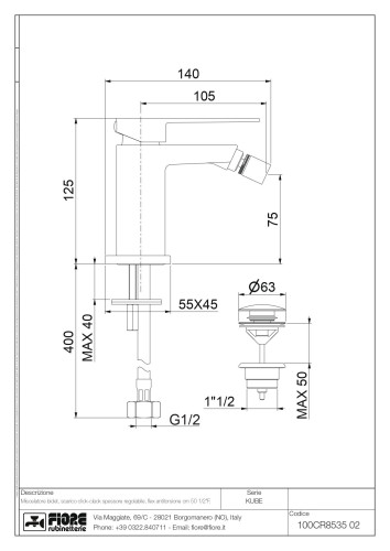 Fiore Kube, однорычажный смеситель для биде c донным клапаном, цвет белый матовый