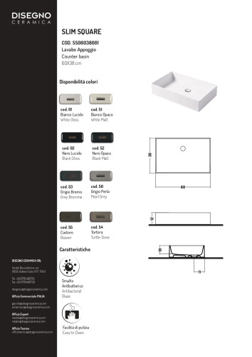 Disegno ceramica Slim, накладная прямоугольная раковина 60х38хh12 см, цвет белый глянцевый