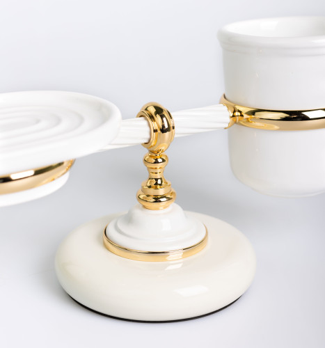 Stil Haus Giunone, настольные керамические мыльница + стакан, цвет белый - золото