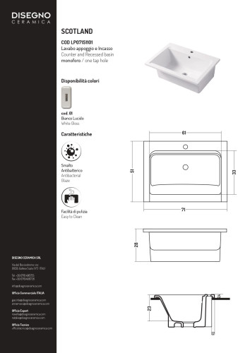 Disegno ceramica Landscape, накладная и встраиваемая постирочная/хозяйственная раковина SCOTLAND 71х