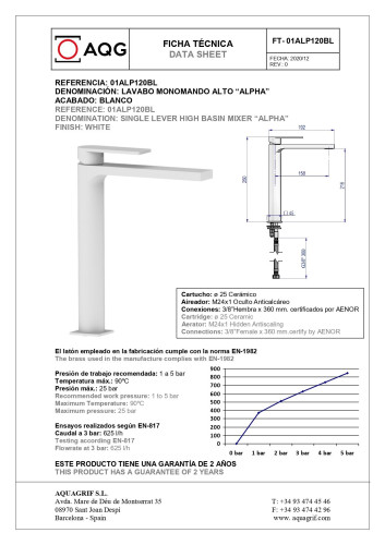 AQG Alpha, высокий однорычажный смеситель для раковины без донного клапана, цвет белый матовый
