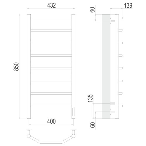Полотенцесушитель с/т TERMINUS Электро Виктория П8 400х850 (quick touch) RAL9005 черный матовый NEW