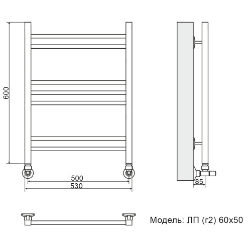 Полотенцесушитель Ника CLASSIC ЛП (Г2) 60/50 RAL9005 черный матовый с вентилями (комплект люкс)*