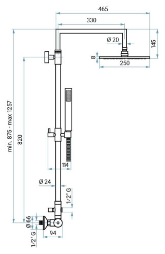 Emmevi Piper, душевая колонна из латуни, регулируемая по высоте 87,5-125,7 см: со смесителем и круглым антикальковым верхним душем 24 см, цвет хром