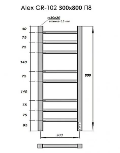 Полотенцесушитель Электрич. с/т GROIS Alex GR-102 300/800 П8 RAL9016 U белый матовый