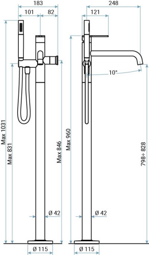 Emmevi Filobrass, однорычажный напольный смеситель для ванны на 1 ноге (излив 18,2 см), c набором для душа, цвет хром