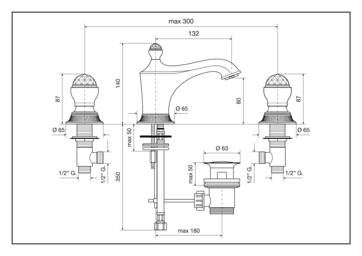 Emmevi The One Leda, смеситель для раковины на 3 отверстия. Металлические ручки + прозрачные кристаллы, цвет хром