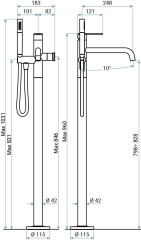 Emmevi Filobrass, однорычажный напольный смеситель для ванны на 1 ноге (излив 18,2 см), c набором для душа, цвет черный матовый