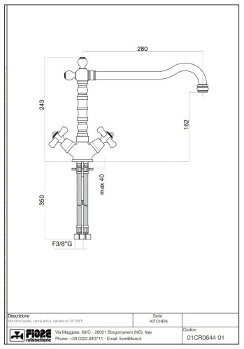 Fiore Margot Sky, двухвентильный смеситель для кухни, цвет золото - Swarovski