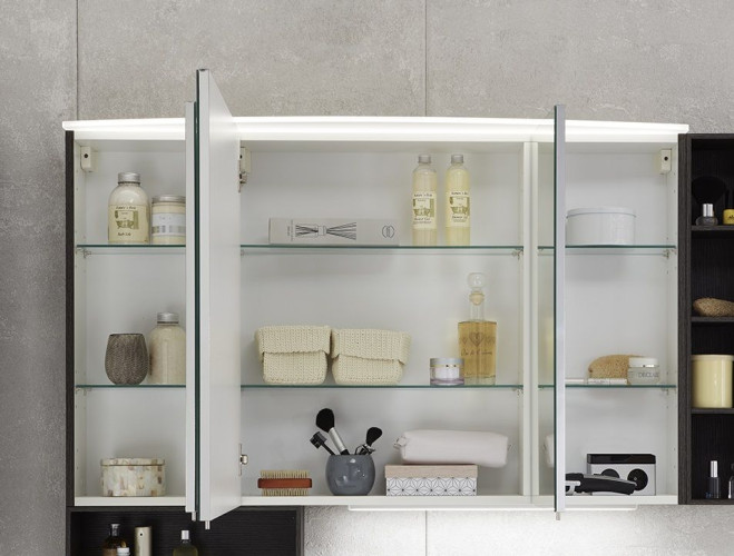 Marlin 3040city, зеркальный шкаф 120 см (3 двери) с LED подсветкой в козырьке из оргстекла, цвет каштан графитовый