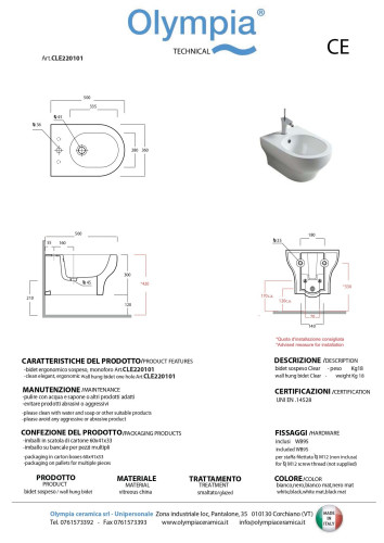 Olympia Clear, подвесное биде c крепежом, 50x36 см, цвет белый глянцевый