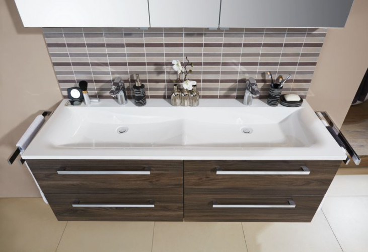 Puris Star Line, раковина из минерального литья с круглой чашей на 2 смесителя 1400 мм, цвет белый