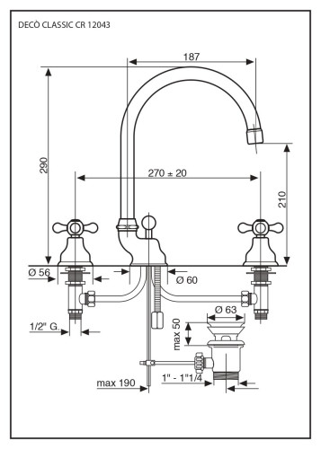 Emmevi Deco Classic, смеситель 12043 с донным клапаном для раковины на 3 отверстия, цвет бронза