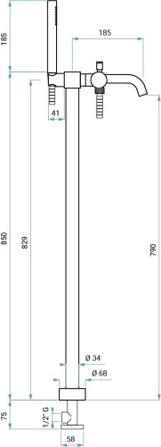 Emmevi Filobrass, однорычажный напольный смеситель для ванны на 2-х ногах (излив 18,5 см), рукоятка без стержня, c набором для душа, цвет хром