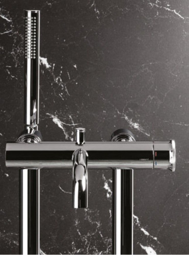 Emmevi Filobrass, однорычажный напольный смеситель для ванны на 2-х ногах (излив 18,5 см), рукоятка без стержня, c набором для душа, цвет хром