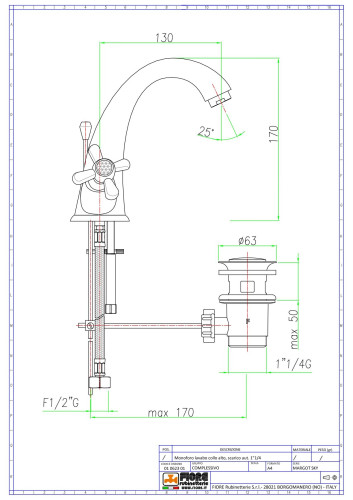 Fiore Margot Sky, двухвентильныйсмеситель для раковины с донным клапаном, цвет золото - Swarovski