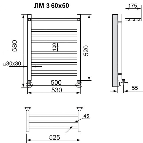 Полотенцесушитель Ника MODERN ЛМ-3 60/50 с вентилями (комплект люкс)(-)