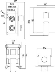 AQG Alpha, душевой комплект EC316 на 3 потребителя, с квадратным изливом, с квадратным верхним душем 25х25 см и кронштейном 35 см, цвет матовое золото