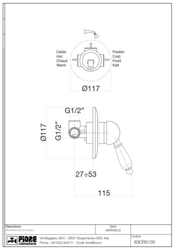 Fiore Imperiale, однорычажный встраиваемый смеситель для душа, цвет хром