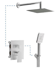 AQG Alpha, душевой комплект на 2 потребителя с квадратным верхним душем 25х25 см и кронштейном, цвет никель сатин