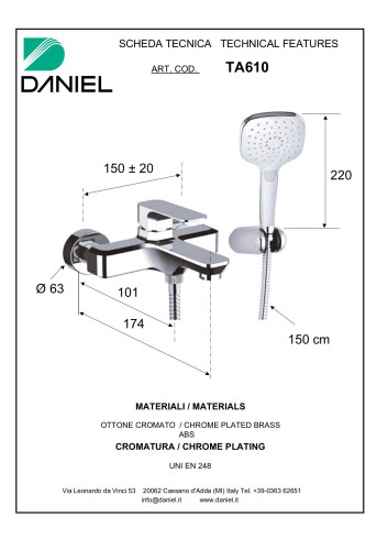 Daniel Tiara, однорычажный смеситель для ванны (излив 17,4 см), c набором для душа, цвет бронза