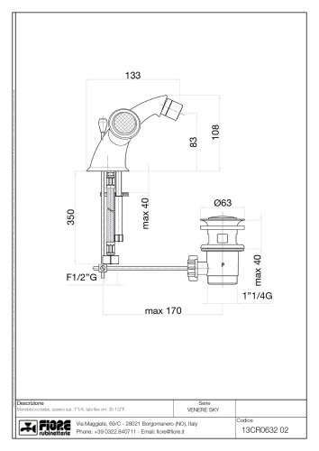 Fiore Venere Sky, двухвентильный смеситель для биде с донным клапаном, цвет хром - Swarovski