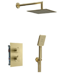 AQG Alpha, душевой комплект на 2 потребителя с термостатом, с квадратным верхним душем 25х25 см и кронштейном, цвет матовое золото
