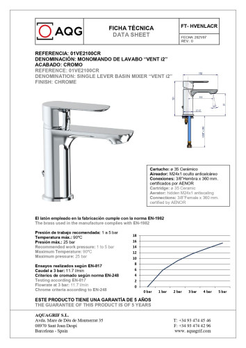 AQG VENT-i2, однорычажный смеситель для раковины без донного клапана, цвет хром