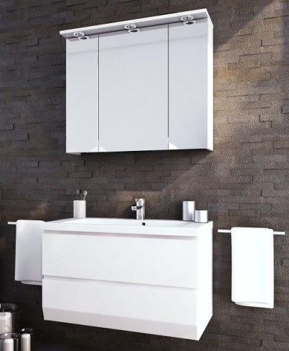 Oristo, Brylant 85 см: зеркальный шкаф, тумба (без раковины), цвет белый глянец