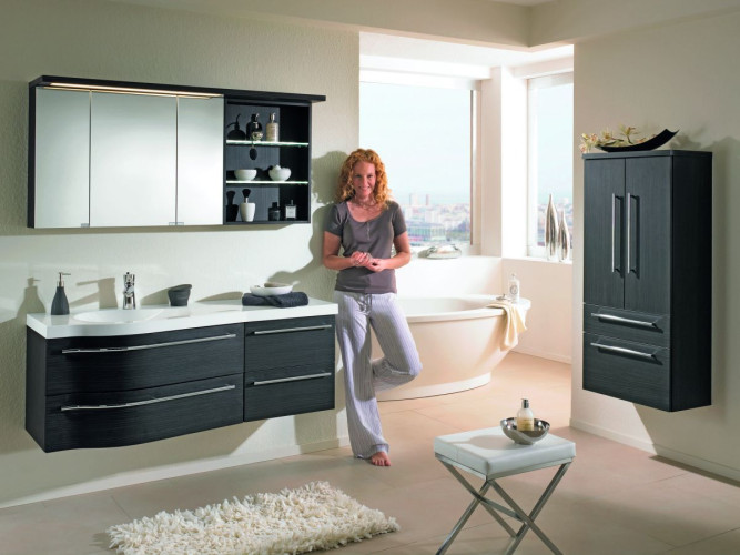 Комплект мебели Puris Swing с раковиной из минерального литья, 1400 мм правый, цвет черный структурный