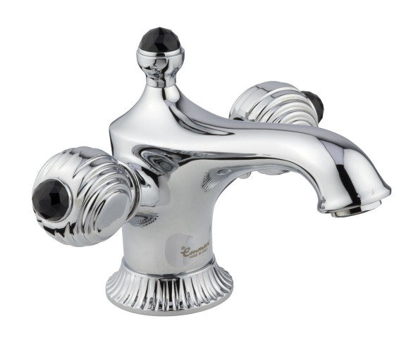 Смеситель The One с донным клапаном для раковины. Металлические ручки + черные кристаллы Swarovski,